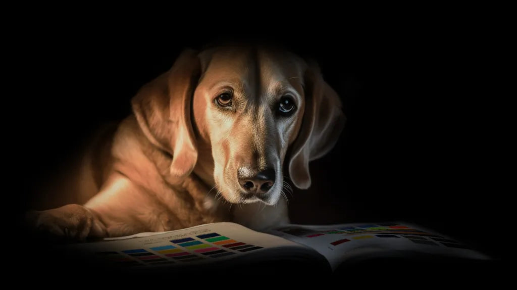 Hund schaut auf eine Farbkarte in einem Buch bei sanftem Licht