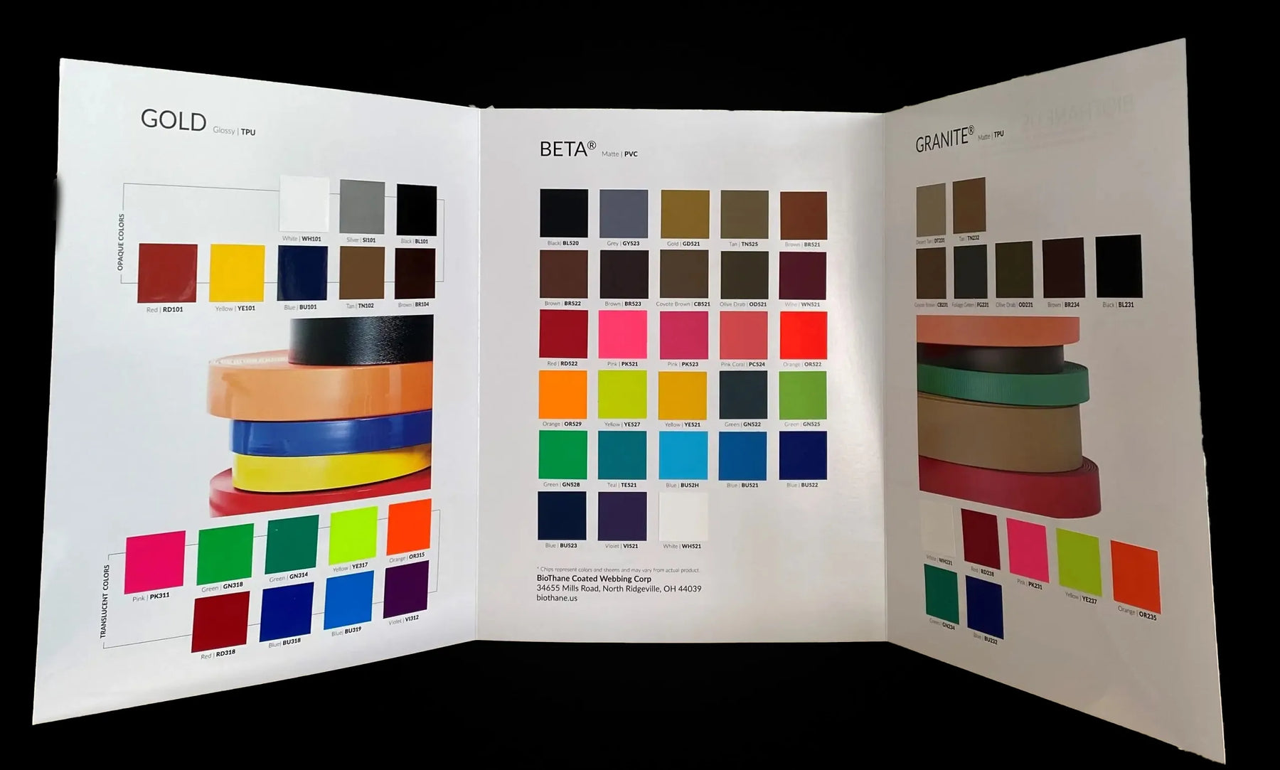 Biothane Farbmusterbuch mit verschiedenen Materialien, Farben und Varianten