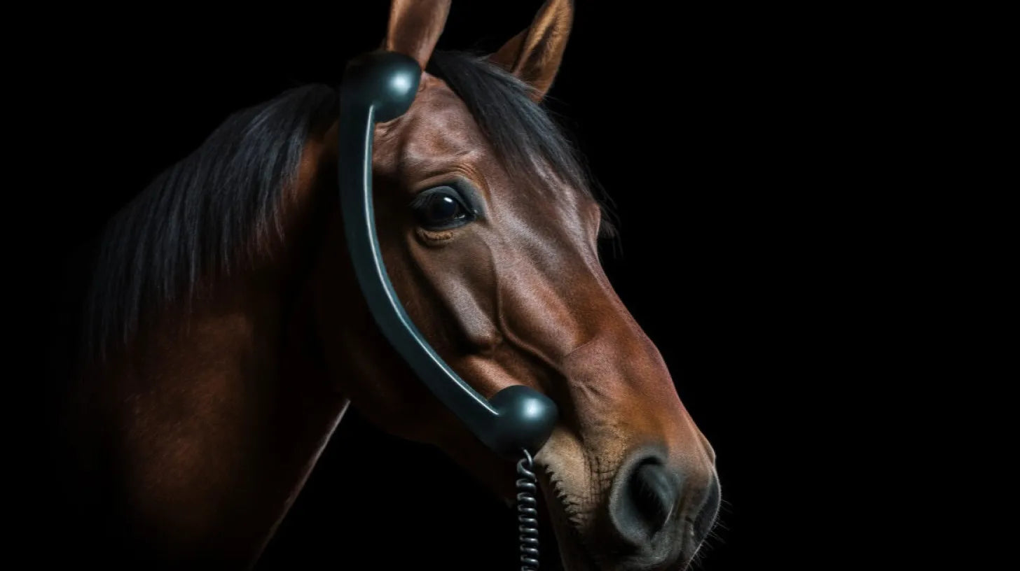Pferd mit einem Telefonhörer am Kopf vor schwarzem Hintergrund