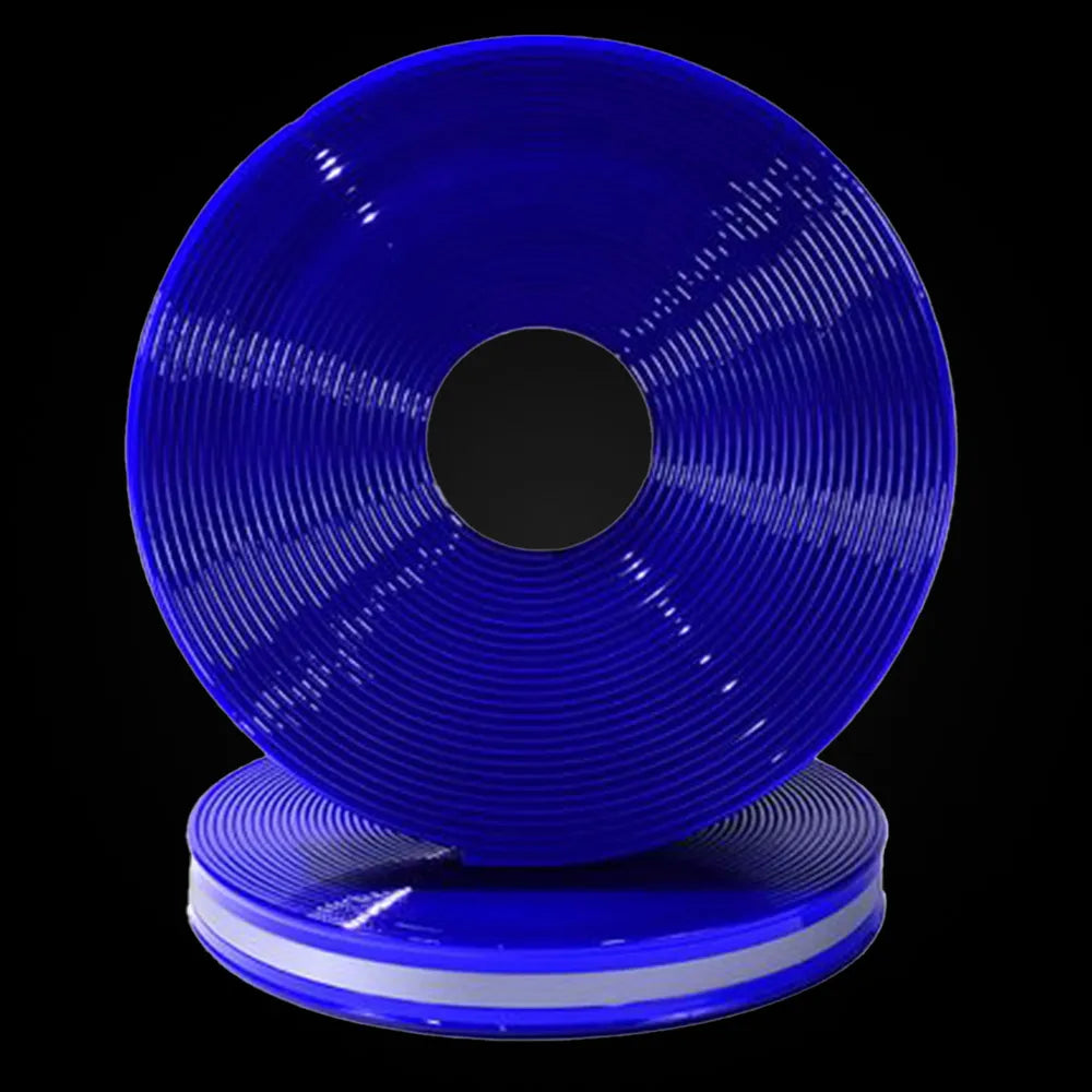 Blaues BioThane Reflexband auf Rolle mit reflektierendem Mittelstreifen (BU318, hohe Sichtbarkeit, glänzende Oberfläche)