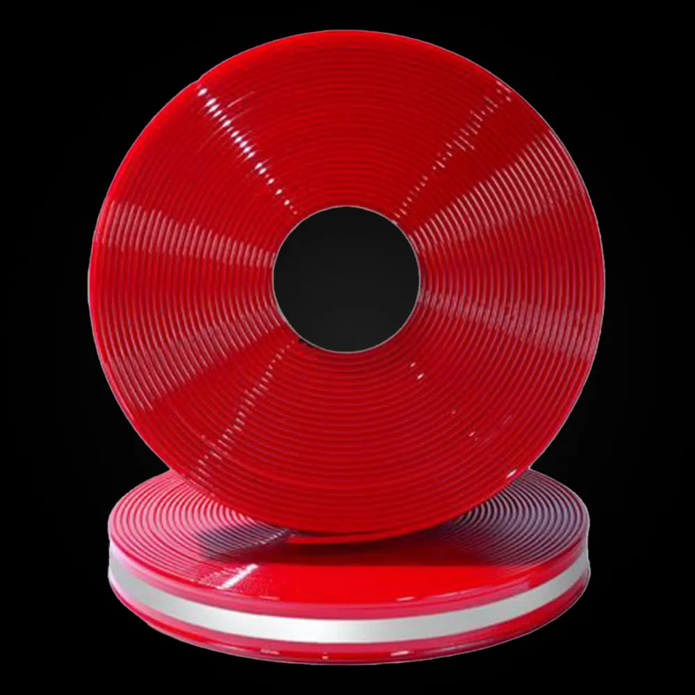 Rotes glänzendes BioThane Reflexband auf Rolle mit reflektierendem Mittelstreifen (RD318, hohe Sichtbarkeit, glatte glänzende Oberfläche)