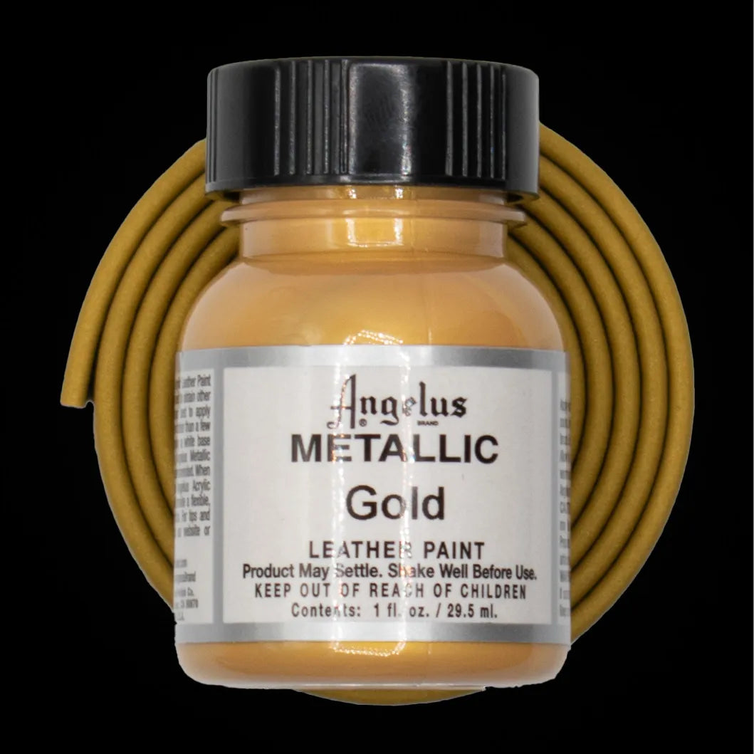 Angelus Metallic Gold Acryl Lederfarbe mit goldenem BioThane Band