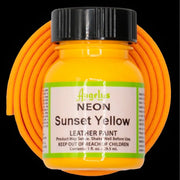 Angelus Neon Sunset Yellow leather paint bottle with orange BioThane strap