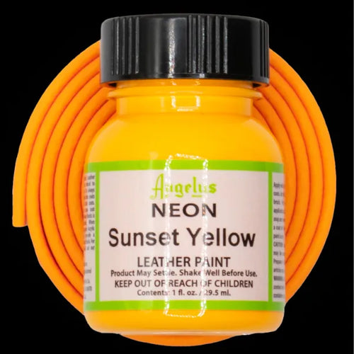 Angelus Neon Sunset Yellow leather paint bottle with orange BioThane strap