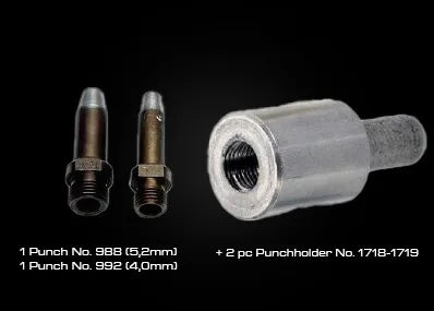 Set aus Metall-Lochstanzen mit Gewinde-Stempelhalter und zwei austauschbaren Lochstempeln (4,0 mm und 5,2 mm) zur Verwendung mit der Handyman Presse für präzise Lochungen in Leder- und BioThane-Streifen