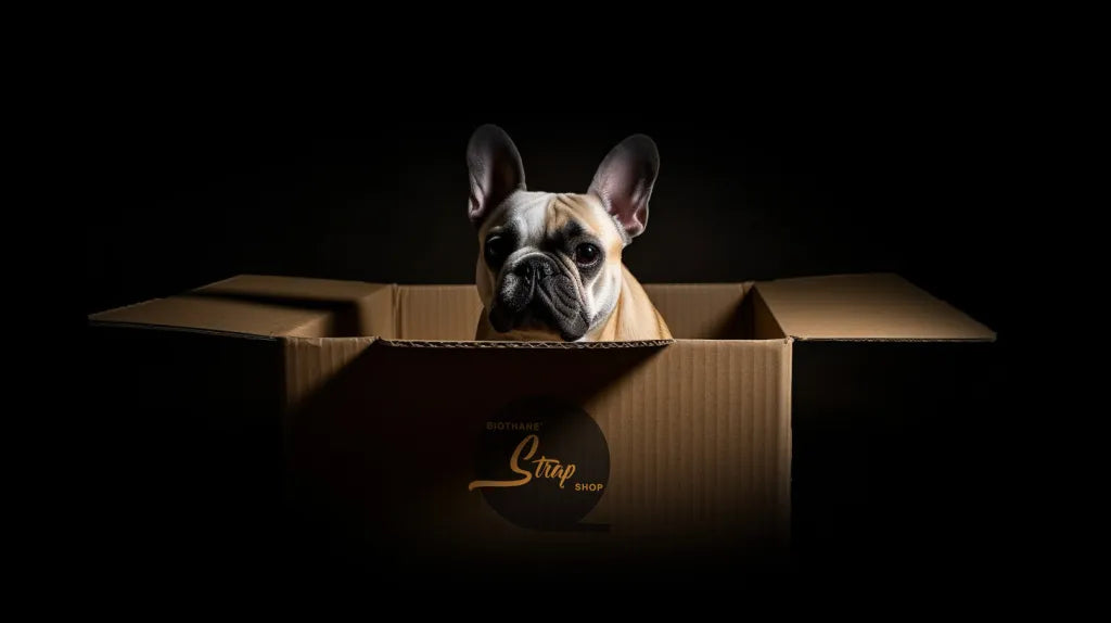 Französische Bulldogge sitzt in einem Karton mit Biothane Strap Shop Logo