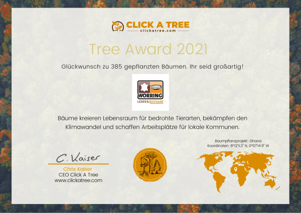Click A Tree Auszeichnung für 385 gepflanzte Bäume im Jahr 2021