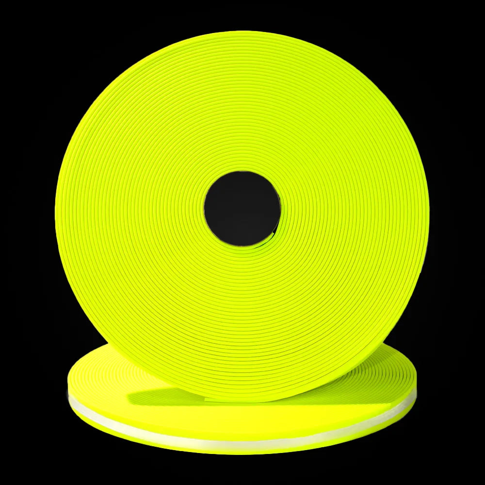 Neon-gelbes BioThane Reflexband auf Rolle mit reflektierendem Mittelstreifen (YE527, hohe Sichtbarkeit, robuste Oberfläche)